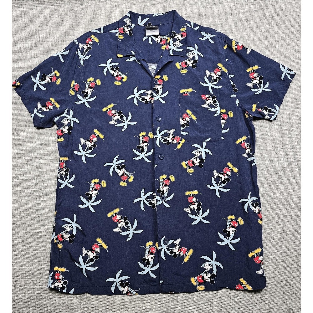 Disney Shirt Mens Large Blue Mickey Mouse Hawaiian Aloha Camp Button Front